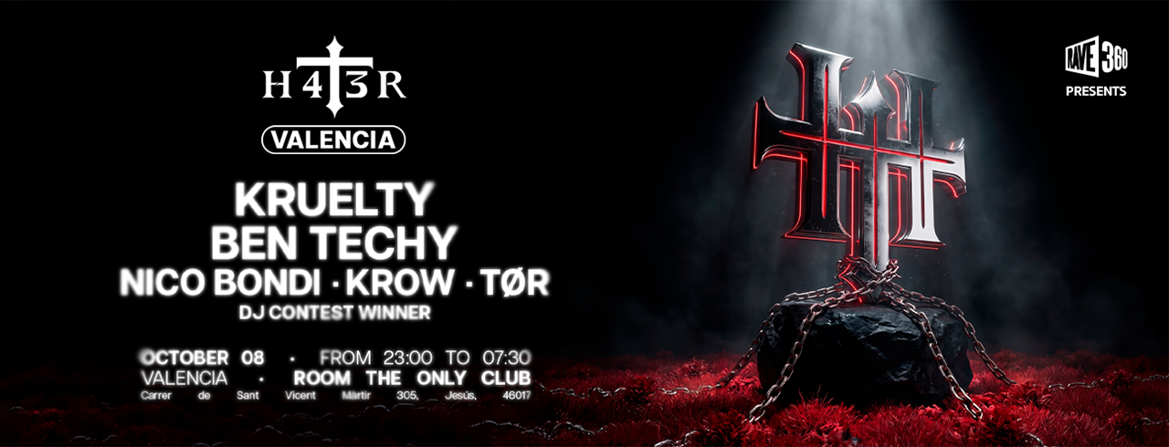 H4T3R Valencia — Kruelty, Ben Techy, Nico Bondi, Krow, TØR y DJ Contest Winner. 8 de octubre de 2026, Room The Only Club